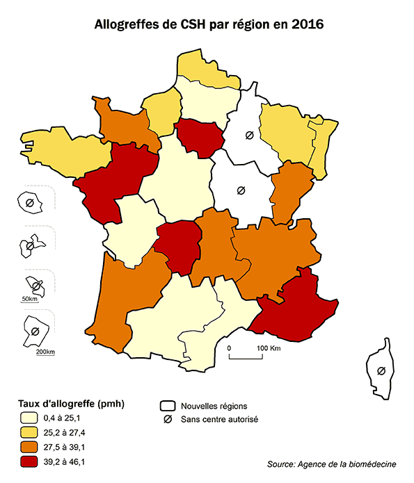 Figure CSH R1. Taux d’allogreffes de CSH par région en 2016