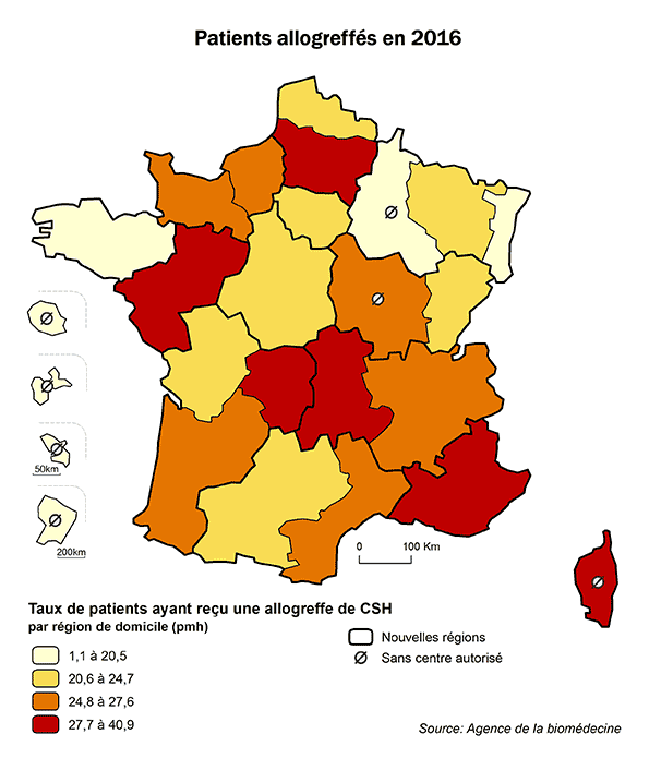 Figure CSH R2. Taux de patients ayant reçu une allogreffe de CSH intrafamiliale ou non apparentée en 2016, par région de domicile
