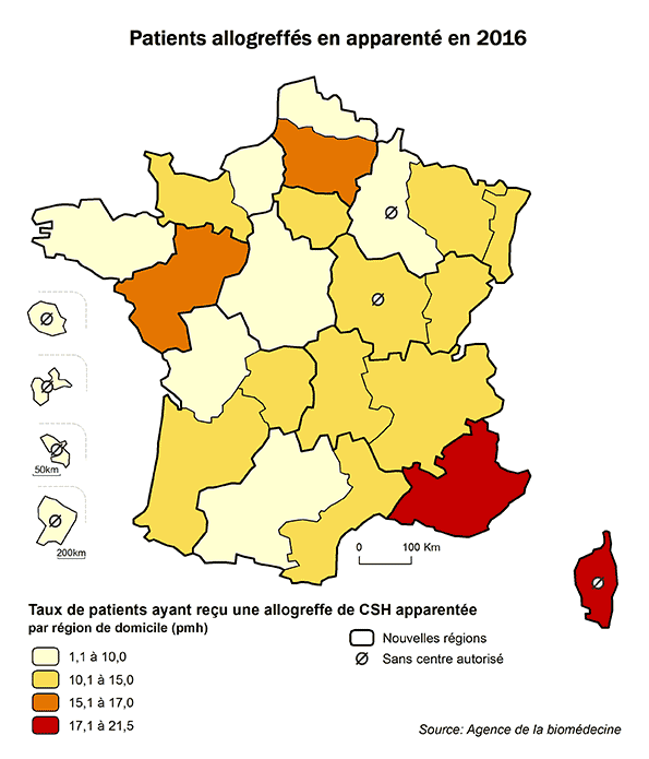 Figure CSH R3. Taux de patients ayant reçu une allogreffe apparentée de CSH en 2016, par région de domicile