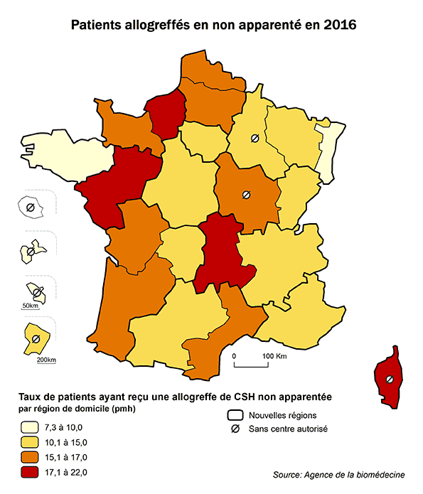 Figure CSH R4. Taux de patients ayant reçu une allogreffe non apparentée de CSH en 2016, par région de domicile