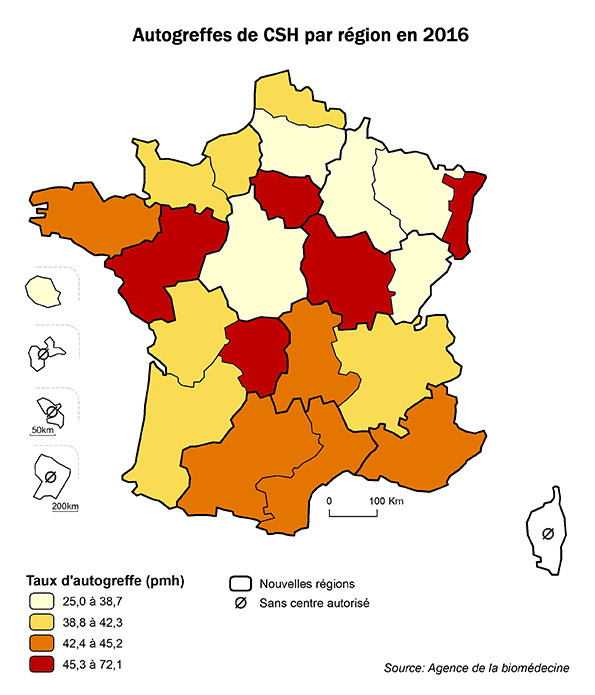 Figure CSH R7. Taux d’autogreffes de CSH par région en 2016