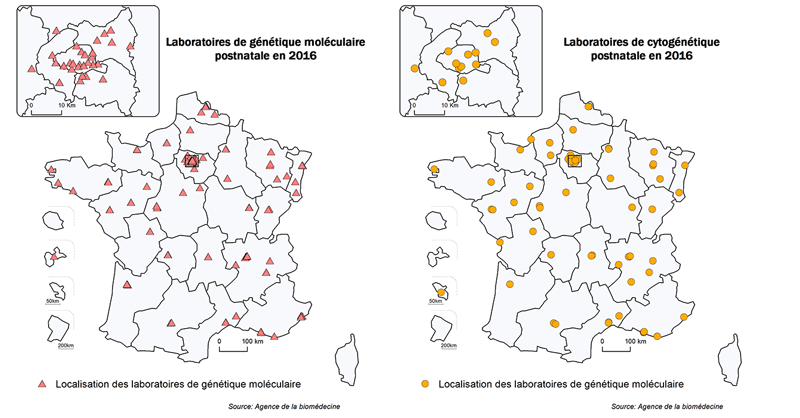 Figure POSTNATAL1. Répartition géographique des laboratoires de cytogénétique et de génétique moléculaire postnatale ayant déclaré une activité en 2016