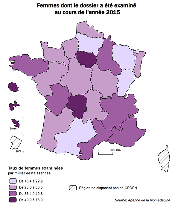 Figure CPDPN2. Activité régionale des CPDPN : femmes dont le dossier a été examiné au moins une fois dans l’année lors d’une réunion pluridisciplinaire par un CPDPN de la région