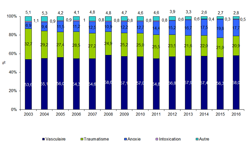 Figure P6. Evolution des causes de décès des sujets en état de mort encéphalique recensés